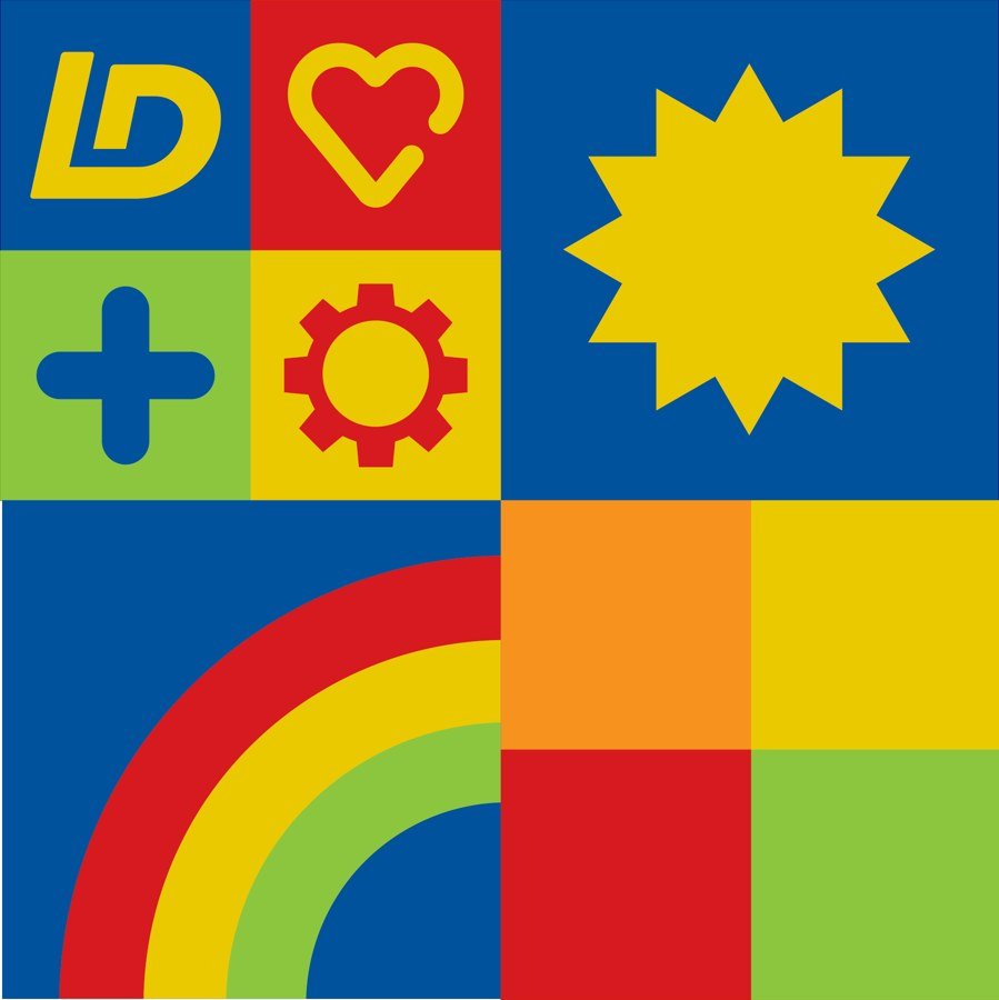 Mosaico de símbolos da campanha: monograma LD, coração, sol, engrenagem e arco-íris